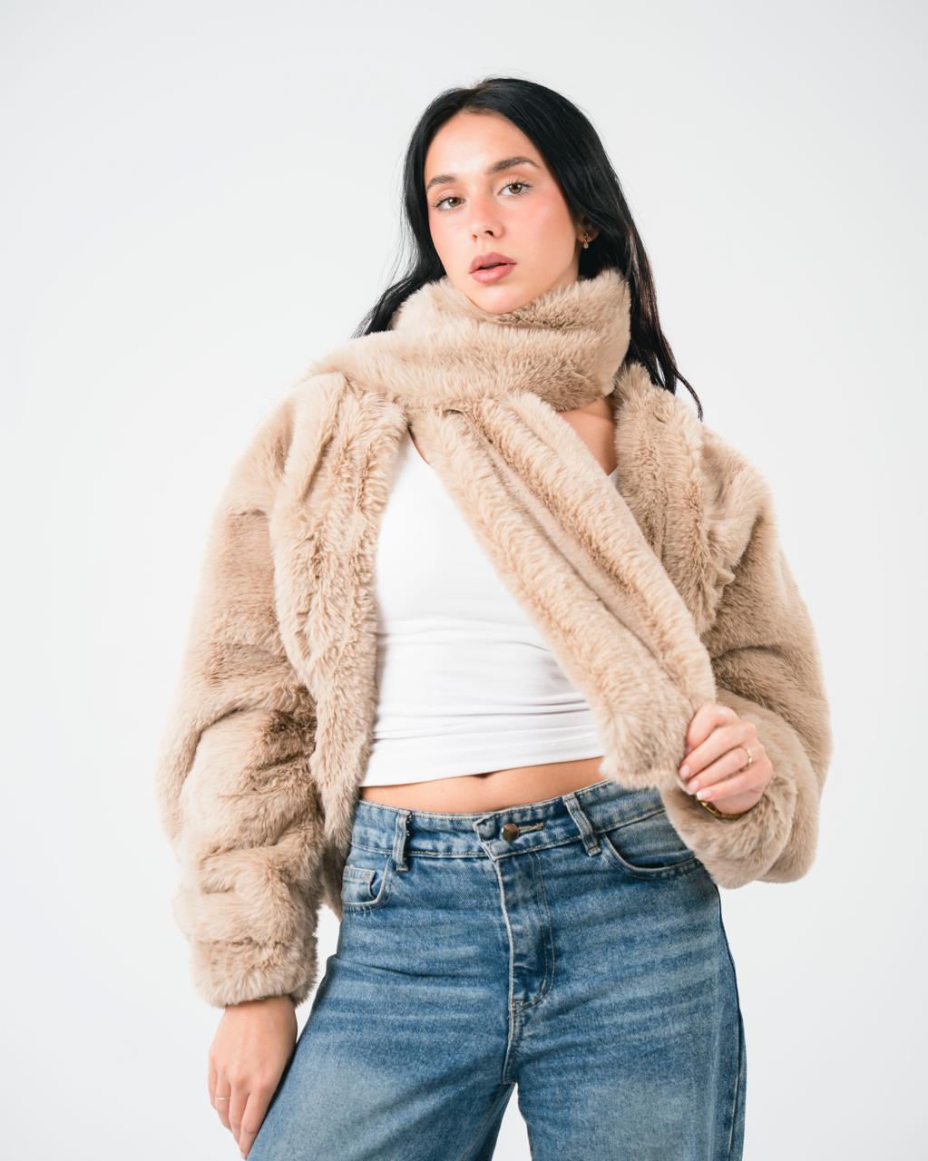 Light beige fur jacket with scarf