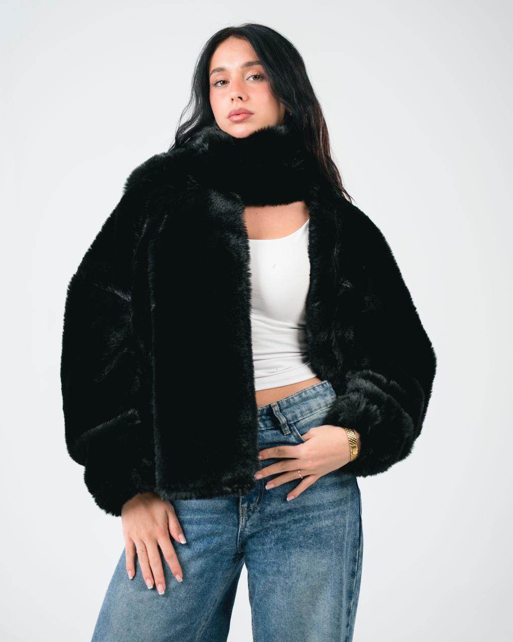 Black fur jacket with scarf