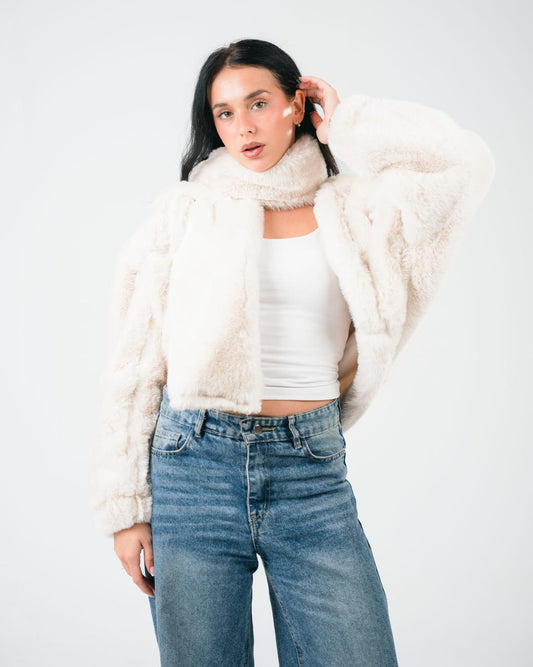 Off-white fur jacket with scarf