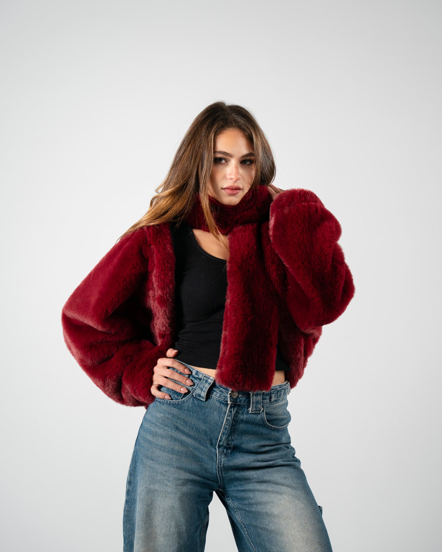 Burgundy Fur Jacket With Scarf