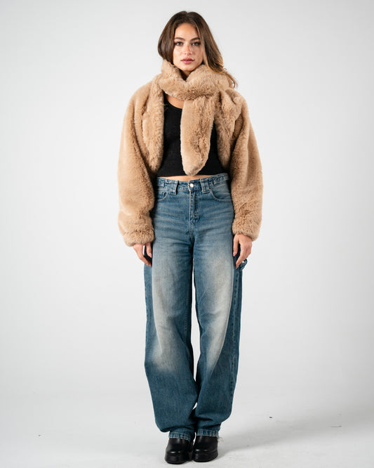 Light beige fur jacket with scarf