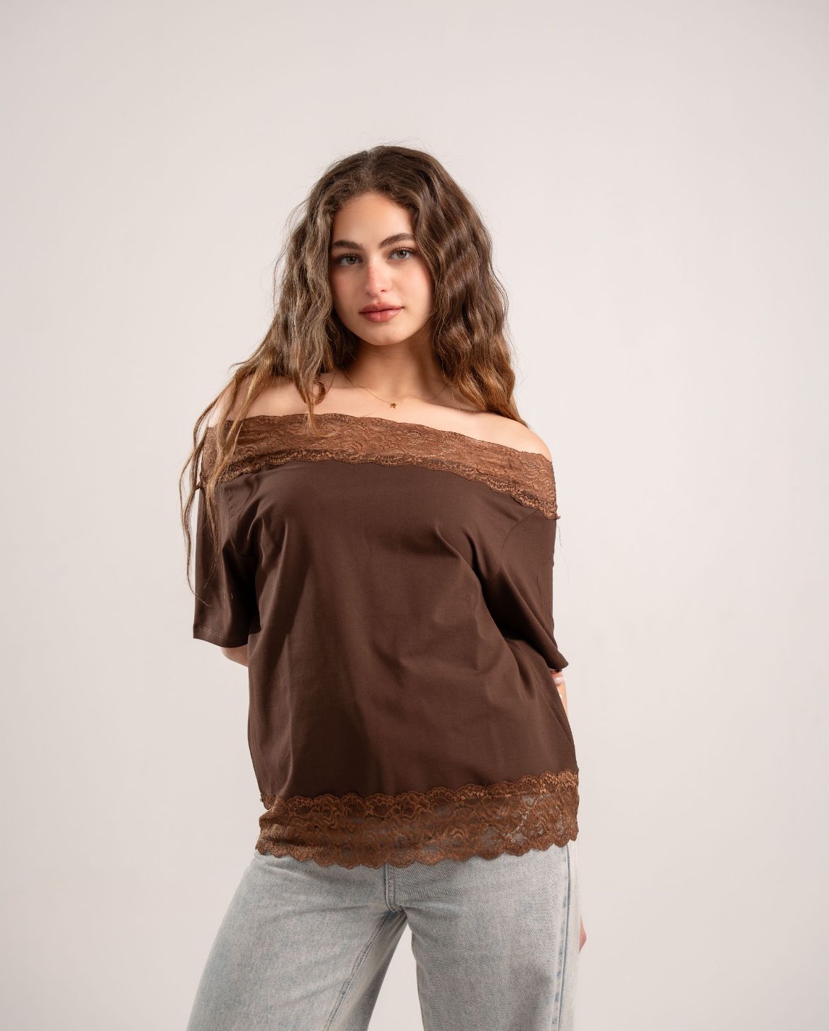 Brown Lace Off-Shoulder Tee