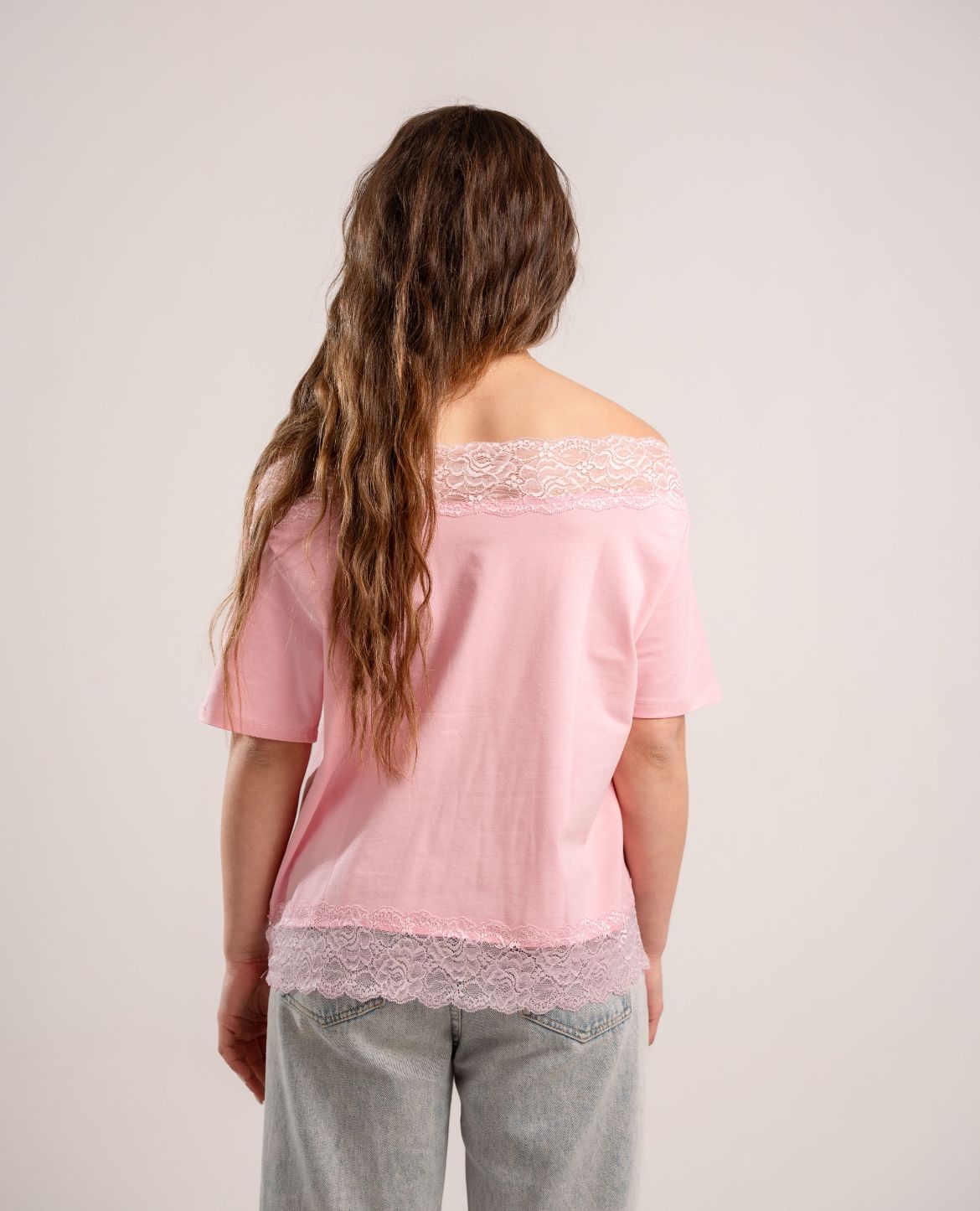 Pink Lace Off-Shoulder Tee