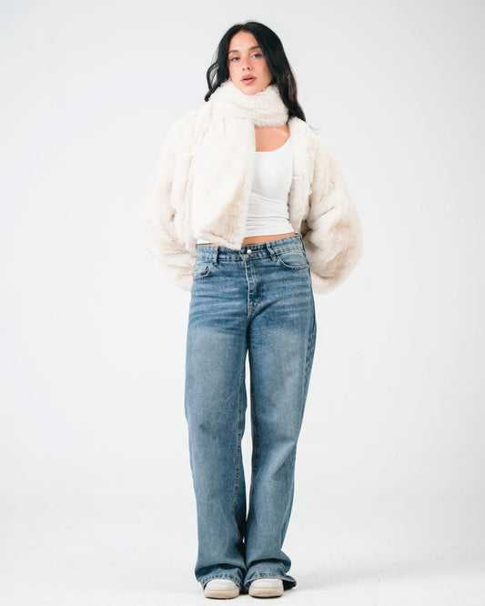 Off-white fur jacket with scarf