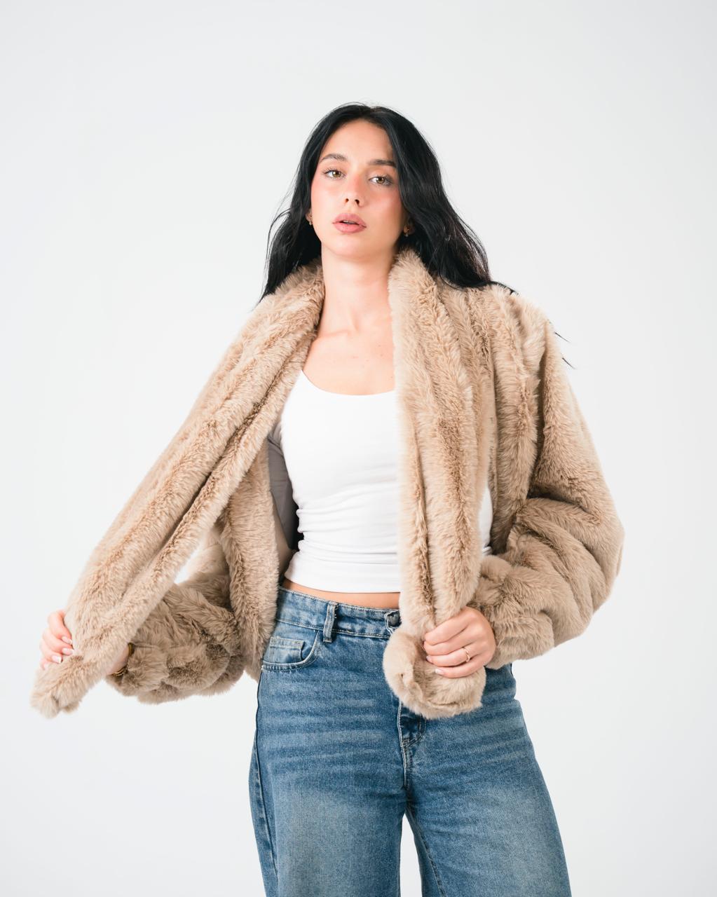 Light beige fur jacket with scarf