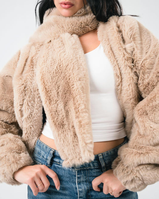 Light beige fur jacket with scarf