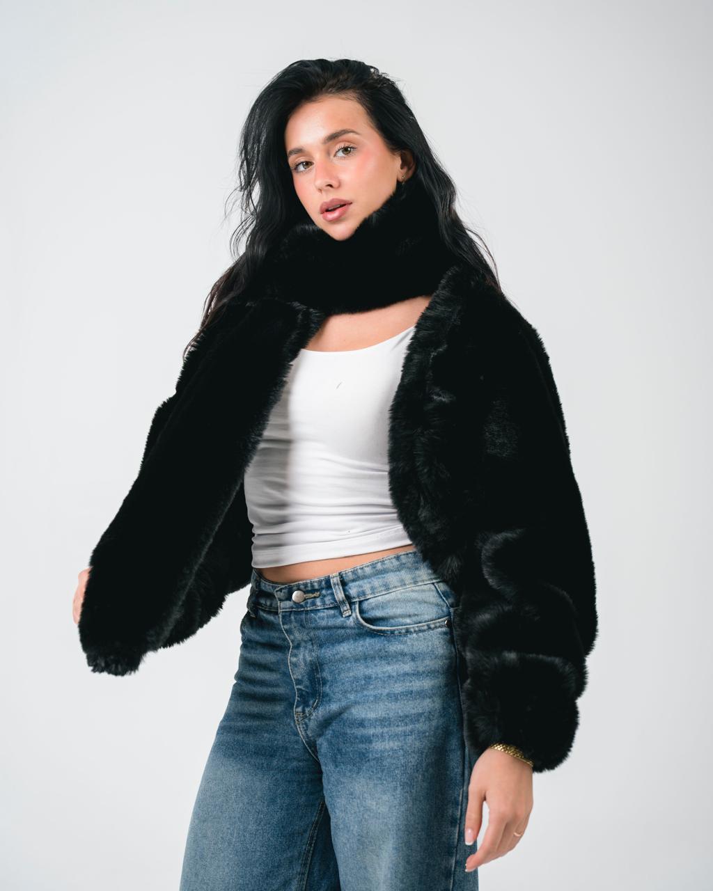 Black fur jacket with scarf