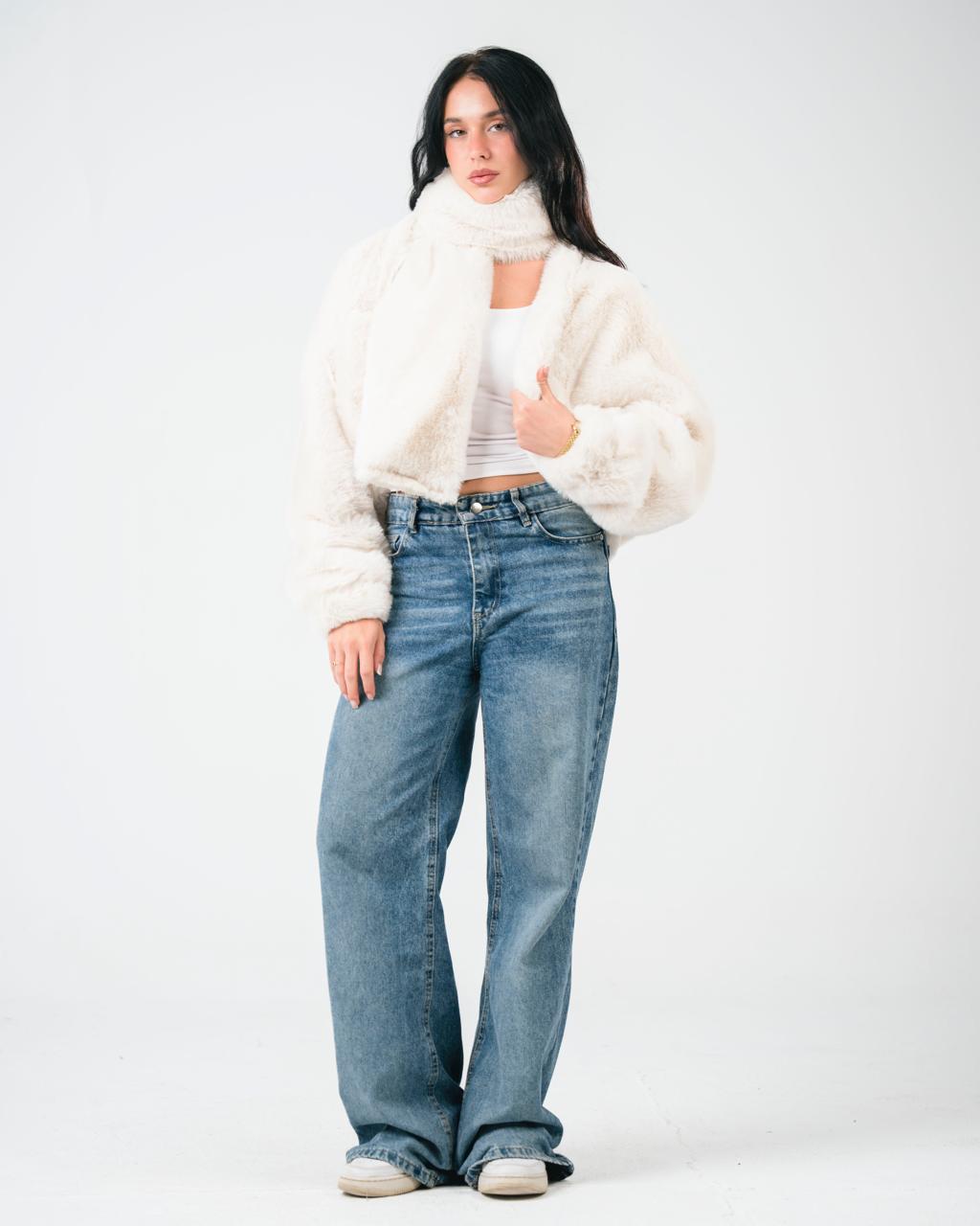 Off-white fur jacket with scarf