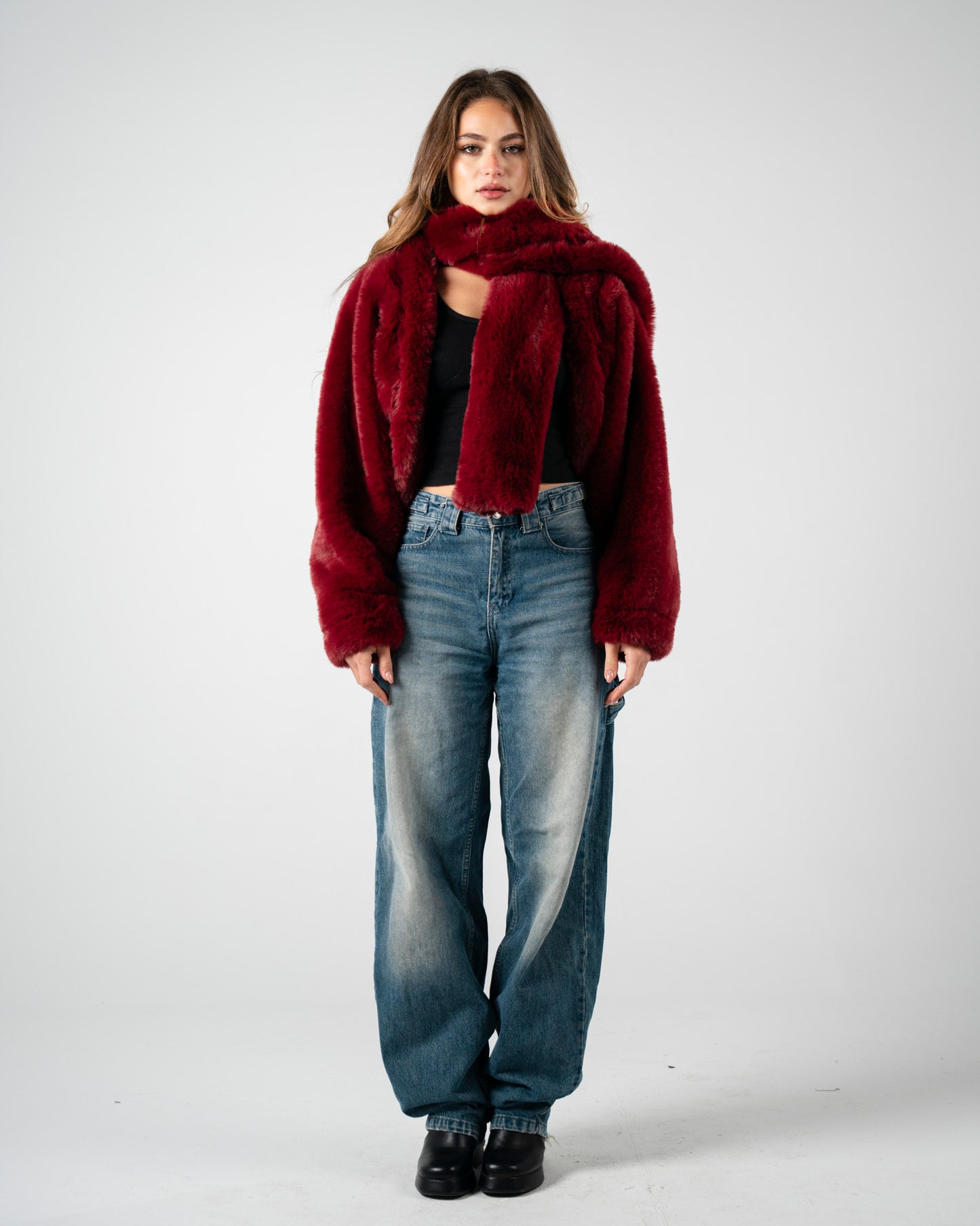 Burgundy Fur Jacket With Scarf