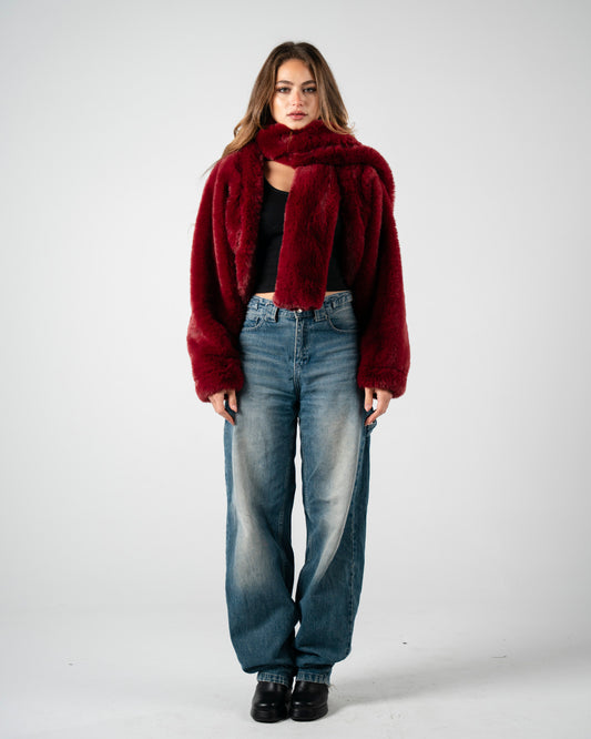 Burgundy Fur Jacket With Scarf