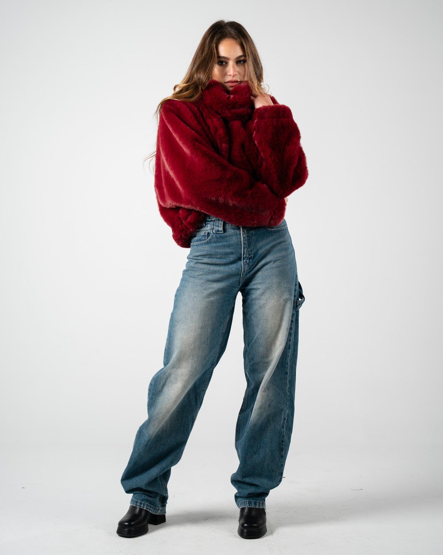 Burgundy Fur Jacket With Scarf