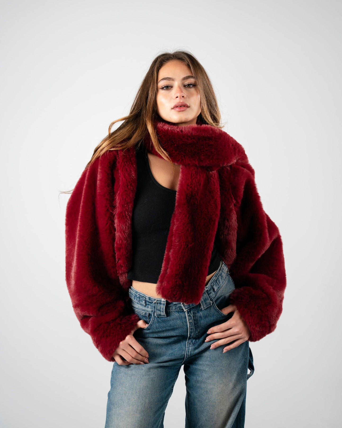 Burgundy Fur Jacket With Scarf