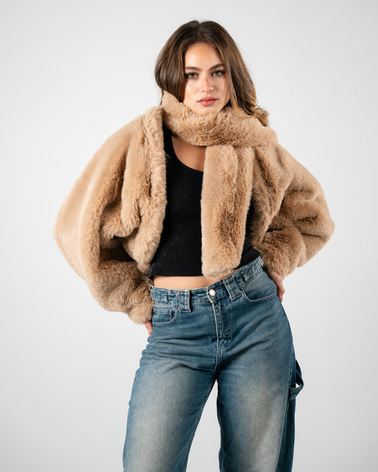 Light beige fur jacket with scarf