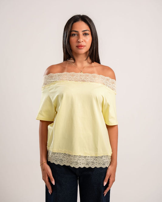 Butter Yellow Lace Off-Shoulder Tee