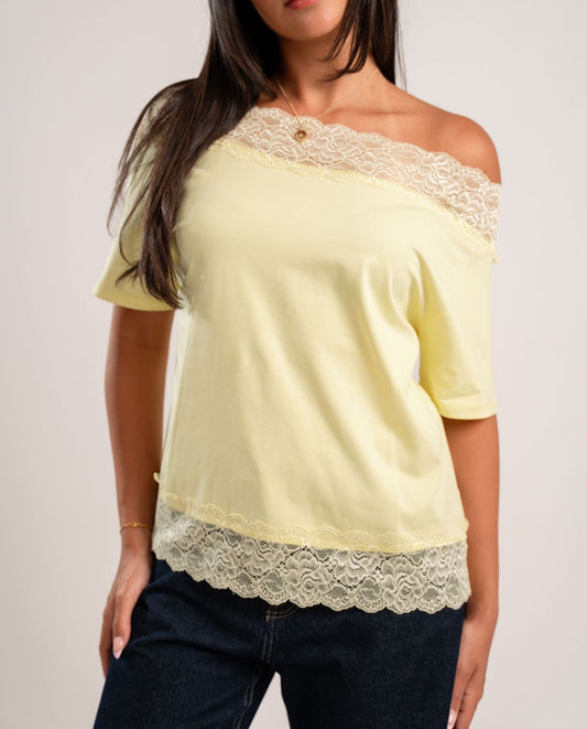 Butter Yellow Lace Off-Shoulder Tee