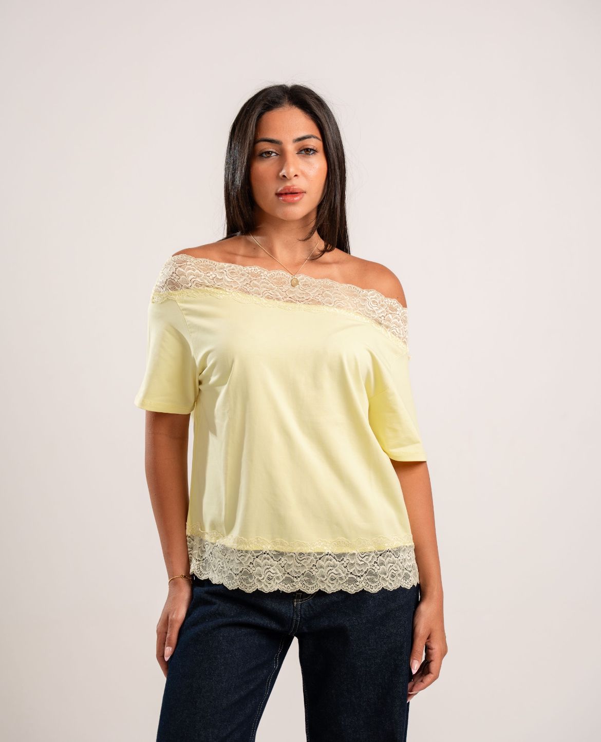 Butter Yellow Lace Off-Shoulder Tee