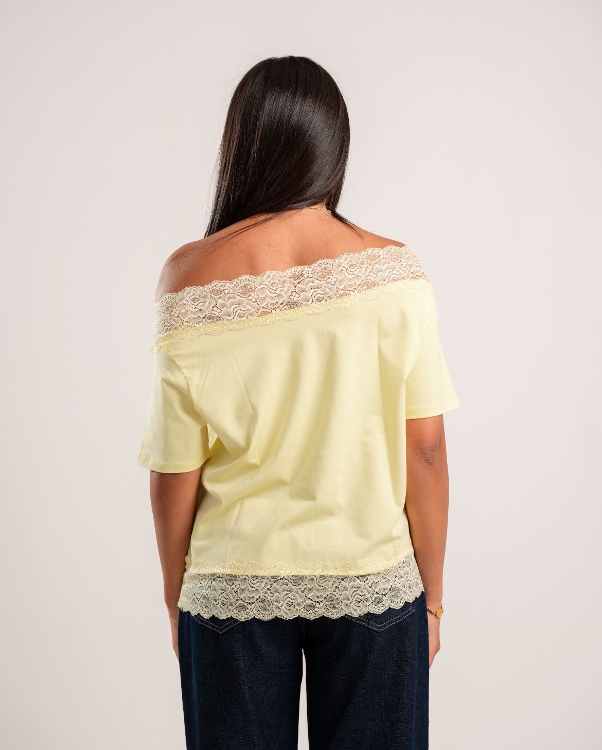 Butter Yellow Lace Off-Shoulder Tee