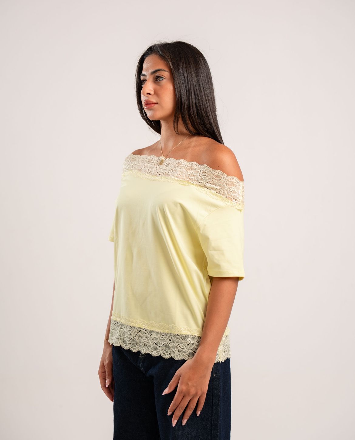Butter Yellow Lace Off-Shoulder Tee