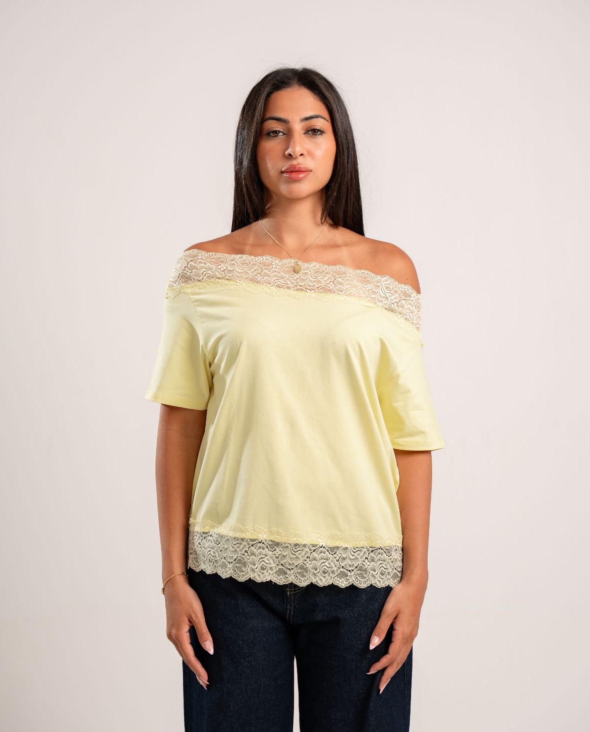 Butter Yellow Lace Off-Shoulder Tee