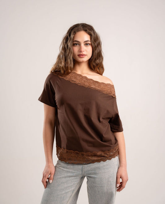 Brown Lace Off-Shoulder Tee