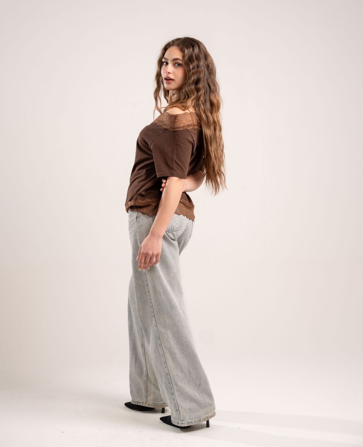 Brown Lace Off-Shoulder Tee