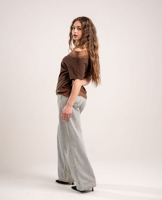Brown Lace Off-Shoulder Tee