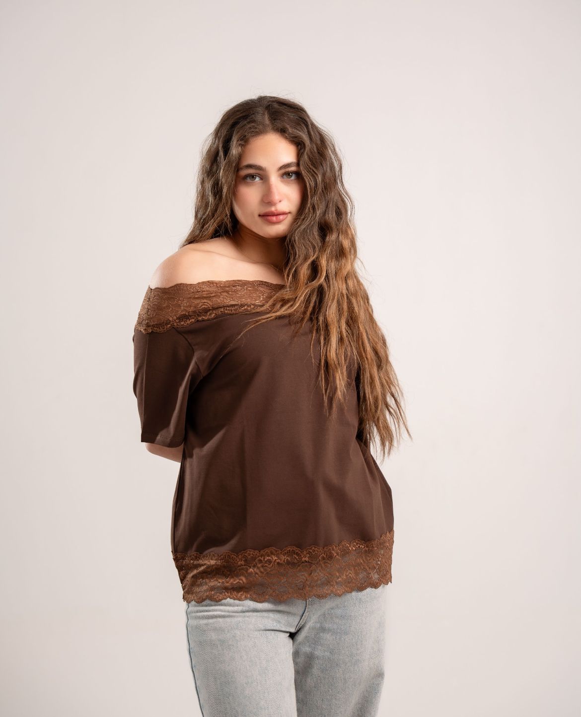 Brown Lace Off-Shoulder Tee