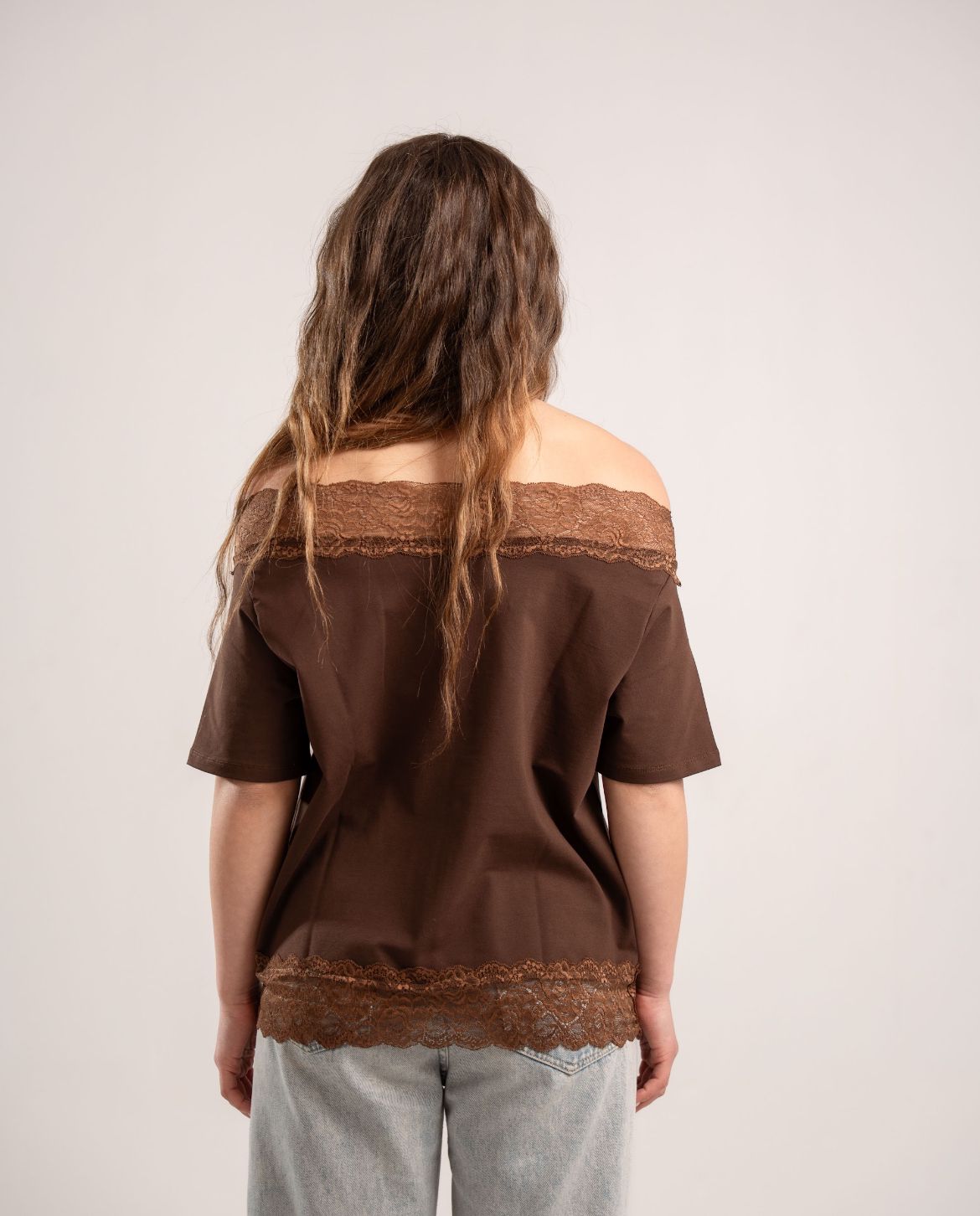 Brown Lace Off-Shoulder Tee