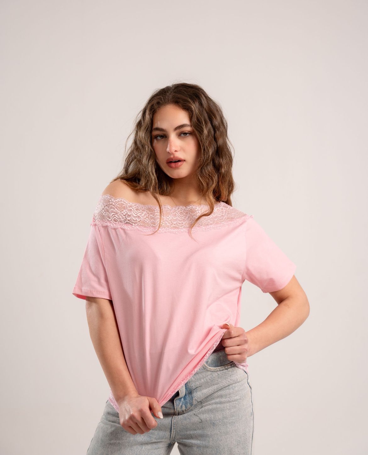 Pink Lace Off-Shoulder Tee