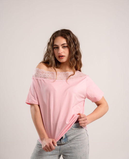 Pink Lace Off-Shoulder Tee