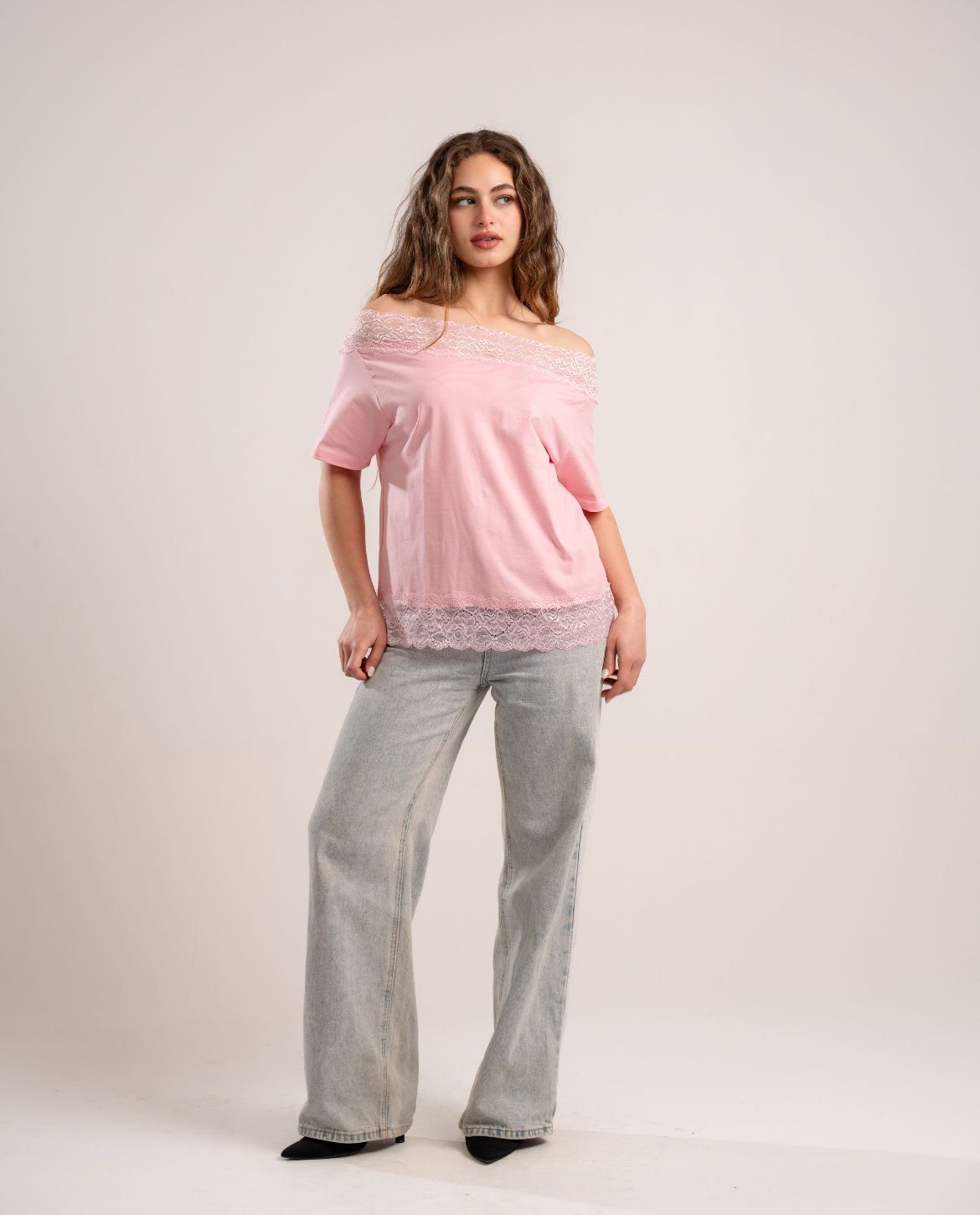 Pink Lace Off-Shoulder Tee