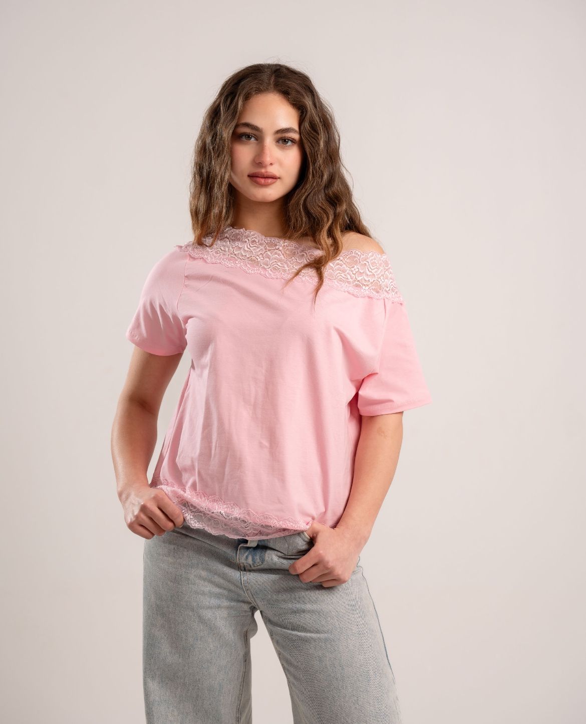 Pink Lace Off-Shoulder Tee
