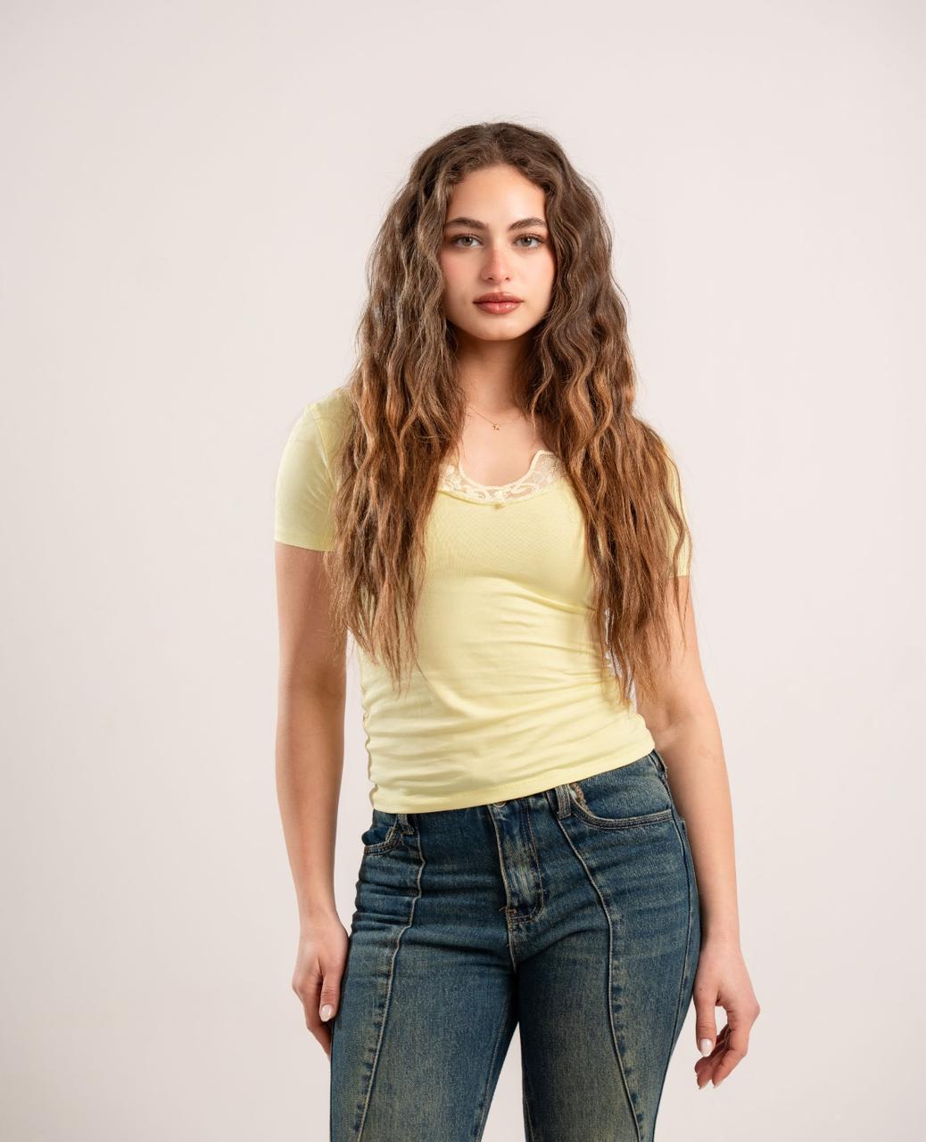 Butter Yellow Lace V-Neck Top