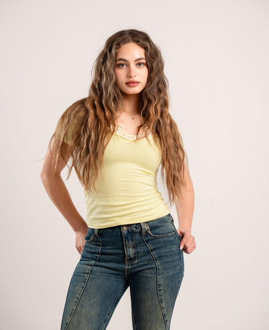 Butter Yellow Lace V-Neck Top